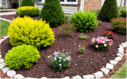 Curved landscape bed with shrubs, flowers, and stone edging