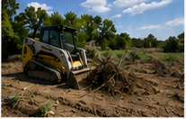 Skid steer clearing brush and dirt on a property